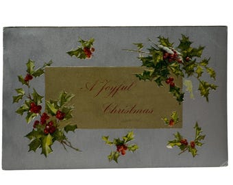 Antique Christmas Postcard With Holly & Berries Design A Joyful Christmas