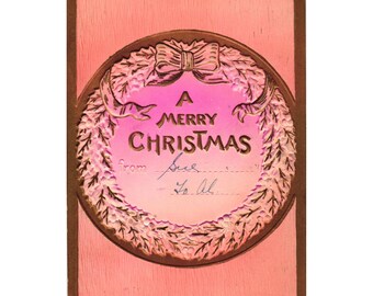 Embossed 1908 Merry Christmas Postcard With Wreath Design & Handwritten Note