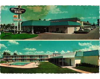 Vintage Winter Garden Inn Postcard With Colorful Exterior & Pool Scene