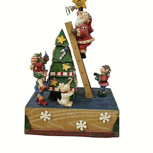 Vintage Santa Climbing Ladder Wood Musical Music Box Animated Jingle Bells