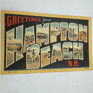 Carte postale vintage des années 40 Greetings From Hampton Beach N.H. Linen