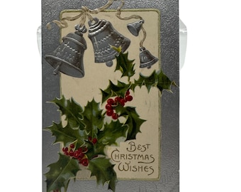 Antique Embossed Christmas Postcard With Bells & Holly Silver Accents Early 1900s