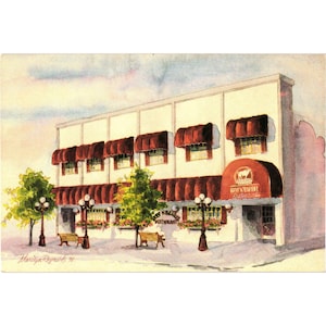 Op de afbeelding: Waterverfschilderij van een gebouw met twee verdiepingen met een rode luifel en de tekst "Beef Baron Restaurant". Het gebouw heeft meerdere ramen, straatlantaarns en banken. Bomen en bloemen zijn ook zichtbaar.