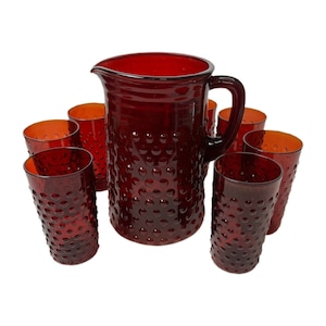 Anchor Hocking Ruby Red Hobnail Pitcher & 8 Juice Glasses