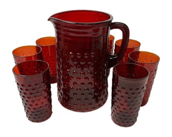 Anchor Hocking Ruby Red Hobnail Pitcher & 8 Juice Glasses