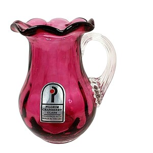 Vintage Pilgrim Cranberry Glass Mini Pitcher Vase Scalloped 3.75&quot; Made with Gold