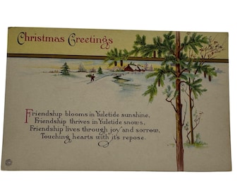 Antike 1921 Weihnachtsgruß-Postkarte Winterlandschaft & Freundschaftsvers