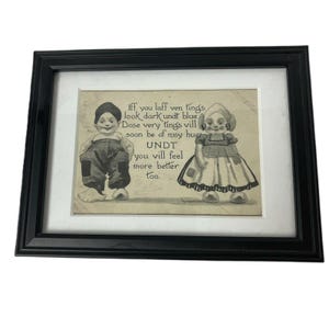 Vintage Black Framed Art Print Dutch Style Figures Smiling Quotation Illustration