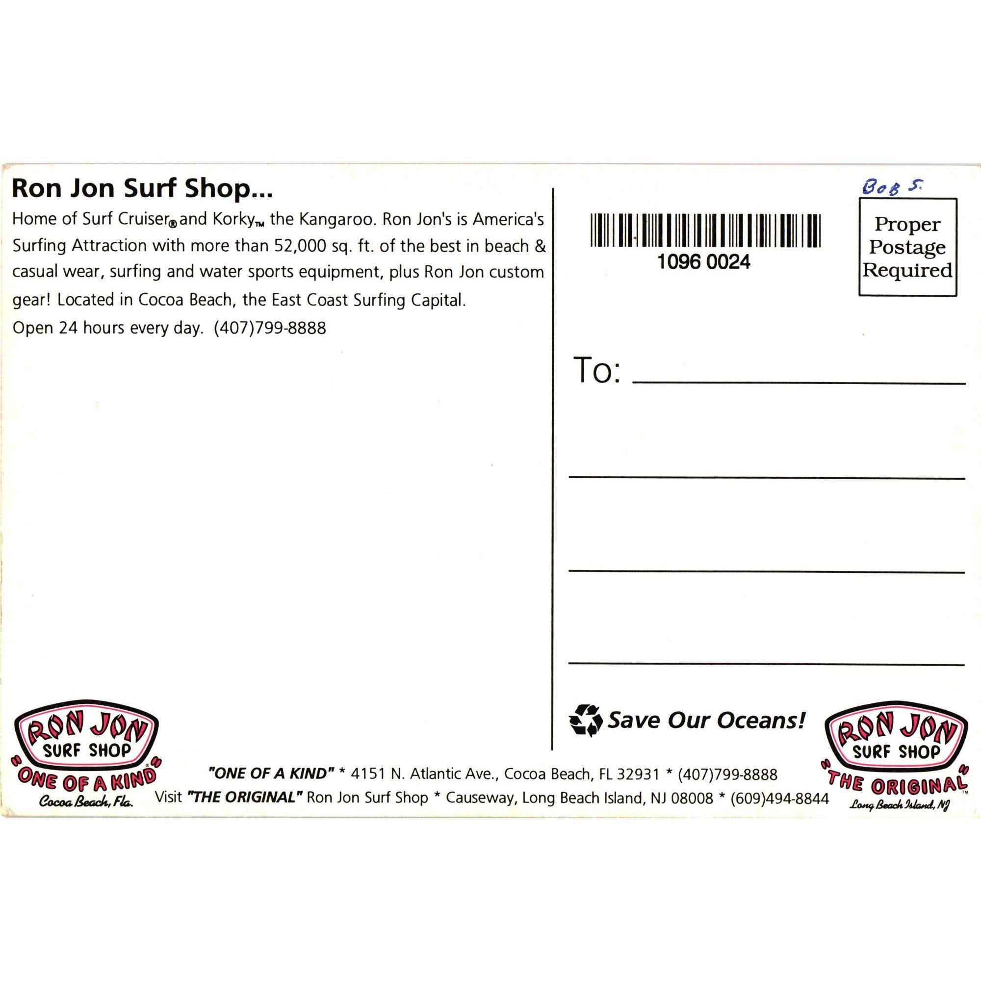 Ron Jon Postcard Surf Cruiser Shark Korky Kangaroo Cocoa Beach
