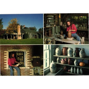 May include: A collage of images depicting pottery making. One image shows a potter working on a wheel. Other images show a brick kiln, a wooden building, and shelves of finished pottery. The pottery is in various shapes and colors.