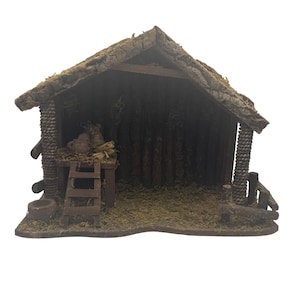 Nativity Stable Creche Christmas Display Rustic Wooden Moss Accents