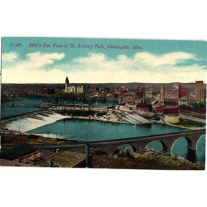 vintage des années 1910 Birds-Eye View carte postale de St. Anthony Falls Minneapolis Minn.