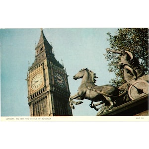 Postal fotográfica vintage auténtica del Big Ben de Londres y la estatua de Boadicea, Cotman-Color