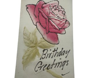 Vintage Embossed Birthday Greetings Postcard With Pink Rose Design
