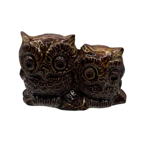 Vintage Double Owl Ceramic Figurine Brown Glazed Art Pottery Home Decor
