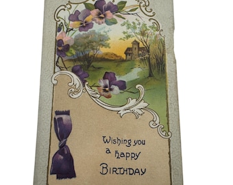 Vintage Embossed Birthday Postcard W/ Floral Design & Scenic Illustration