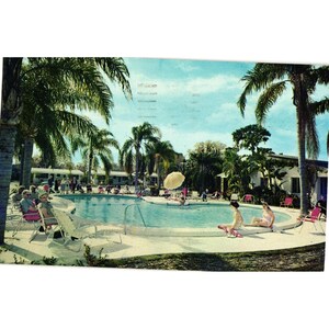 May include: Vintage postcard featuring a swimming pool scene with people lounging in chairs and by the water. Palm trees frame the pool, and a yellow umbrella provides shade. The image has a retro aesthetic.