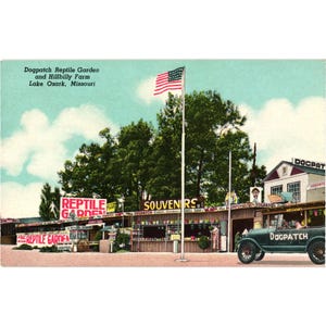 May include: Vintage postcard featuring Dogpatch Reptile Garden and Hillbilly Farm in Lake Ozark, Missouri. The image shows a roadside attraction with a souvenir shop, an American flag, and a classic car labeled "Dogpatch."