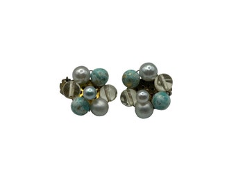 Vintage Blue and White Bead Cluster Clip Earrings