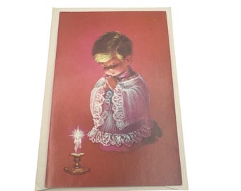 Dziecko modlące się, stara kartka z pozdrowieniami, czerwona, Norcross, Nowy Jork, ilustracja, Błogosławię ci