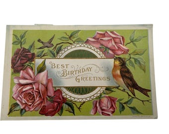 Vintage Embossed Birthday Postcard: Roses & Bird, Early 1900s