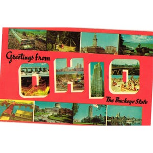 Postal vintage de 1975 "Saludos desde Ohio" con lugares emblemáticos de Ohio
