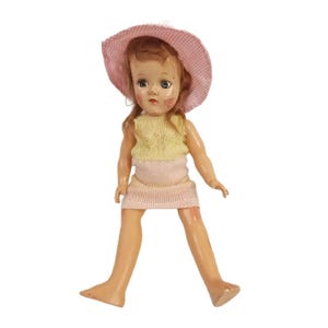 Vintage 1950s Hard Plastic Doll With Pink Hat & Dress 10&quot; Collectible