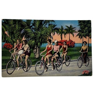 Carte postale vintage des années 40 à vélo à Palm Beach en Floride