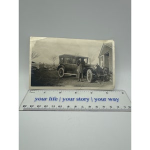 Vintage 1919 Black & White Photo With Model T Car People 3.5x5.5