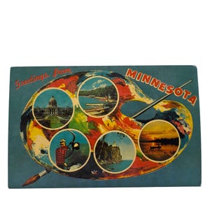 Carte postale vintage de salutations du Minnesota avec cinq vues colorées d'attractions locales