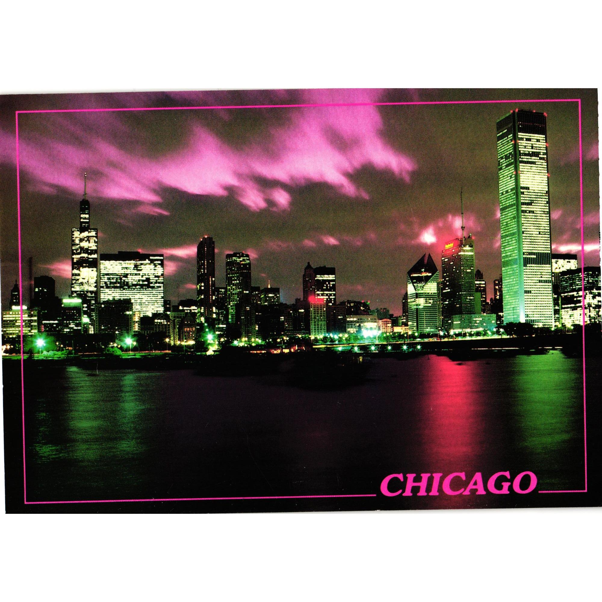 Chicago Skyline Night View Postcard Modern Era Photography by