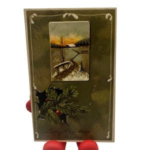 Carte postale de Noël vintage en relief avec paysage hivernal pittoresque et motif houx