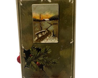 Vintage Embossed Christmas Postcard With Scenic Winter Landscape & Holly Design
