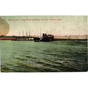 Carte Postale vintage Oakland Cal. Long quai s'étendant dans la baie de San Francisco