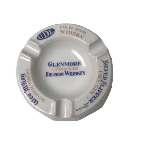 Vintage Whiskey Advertising Ash Tray Glenmore, Wee McRay, UDL, Silver Slipper