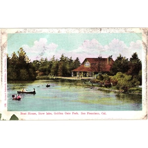 Ancienne carte postale Boathouse Stow Lake Golden Gate Park San Francisco CA 1908