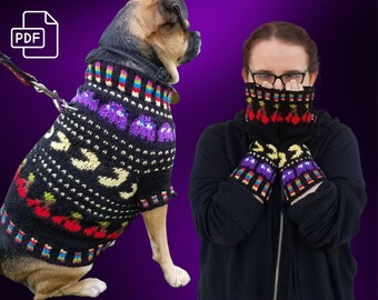 Paquete de patrones de tejido: suéter para perros y guantes sin dedos de Arcade Nights