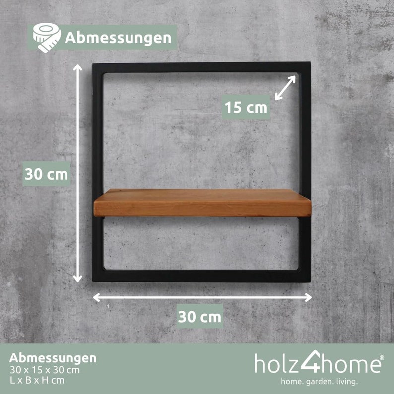 holz4home® petite étagère murale avec cadre noir 30x30x15cm Sans bordure d'arbre, huilé naturellement Comprend des fixations en acier pour étagère flottante image 2