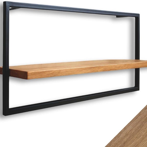 holz4home® Longue étagère murale encadrée en noir | Bois de chêne | 70x30x15cm | Sans bordure d'arbre, huilé naturellement | Y compris les fixations en acier