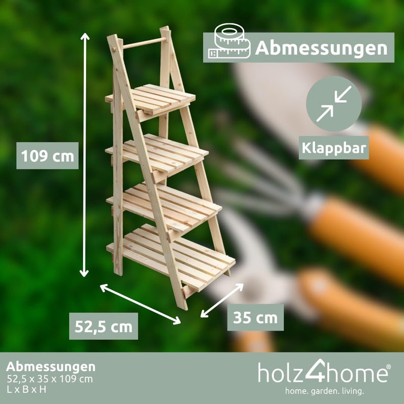 holz4home® Pflanzleiter mit 4 Ablagen I Größe: 52,5 x 109 x 35 cm I Blumentreppe aus Tannenholz hell I Blumenregal Bild 4