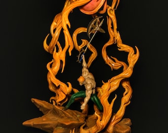 May include: A hand-painted figurine of a muscular figure wielding a golden axe, standing on a rocky base surrounded by swirling orange flames. The figure is fighting a large, orange orb with tendrils of fire.