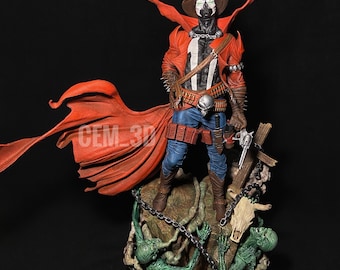 Könnte beinhalten: Detaillierte Figur einer Figur in einem roten Mantel und Cowboyhut, mit einer Schnalle in Schädelform und einer Pistole. Die Figur steht auf einer Basis mit grünen Kreaturen und einem Schädel.