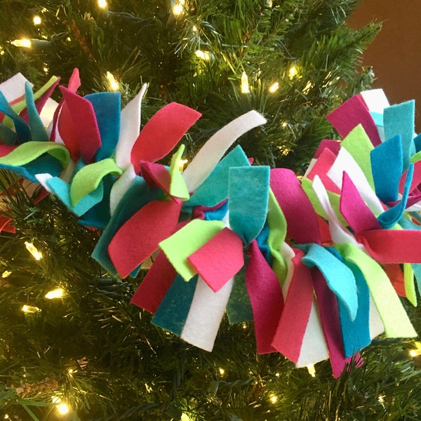 Bright, Candyland Christmas Felt Garland - Lime Green, Red, Turquoise, White, Ocean Blue,  Apple Green and Fuchsia