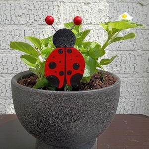 May include: A decorative ladybug garden stake with a red body, black spots, and a black head. The ladybug is placed in a dark gray ceramic pot with green plants and white flowers. The background is a white brick wall.