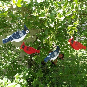 Hanging Bird Ornaments: Cardinal, Blue Jay, Golden Finch