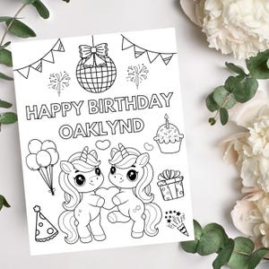 Custom Unicorn Birthday Coloring Page | Unicorn Birthday Party Activity | Unicorn Printable Coloring Sheet | Unicorn Birthday Favor