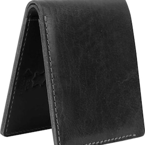 Cartera RFID plegable de cuero genuino, segura y duradera, con capacidad extra. Regalo para hombres. Cartera minimalista/porta efectivo artesanal, color negro.