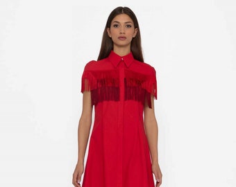 Red dress/poplin dress/applied fringes/shirt dress/office clothing/summer dress/cowboy outfit/america style/texan