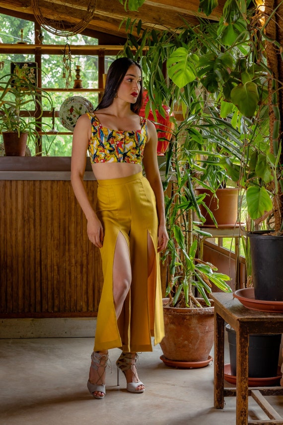 Vintage Yellow Trousers Women s Silk Trousers Wide Leg Silk