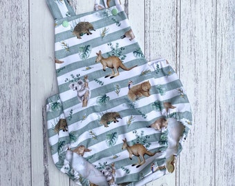 Aussie Animal Adventure Playsuit - 100% Cotton, Snaps on Straps, Sizes 000-2 - Cuddle Up with Koalas, Kangaroos & Friends